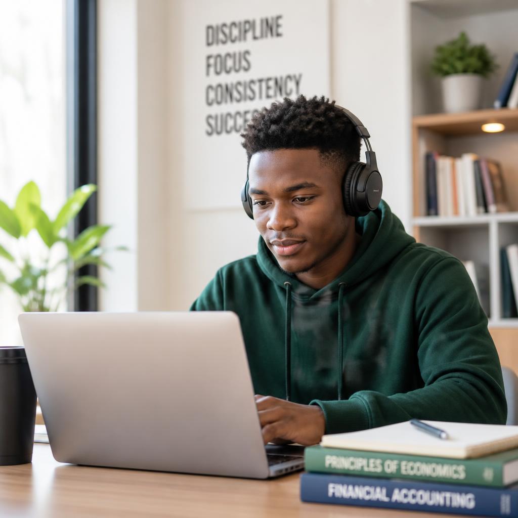 Focused Nigerian student preparing for JAMB/UTME with headphones and laptop